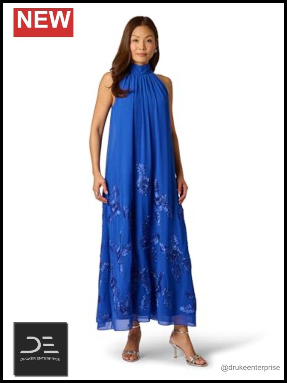 Embellished Mikado Halter Trapeze Swing Gown Sleeveless Formal Dress
